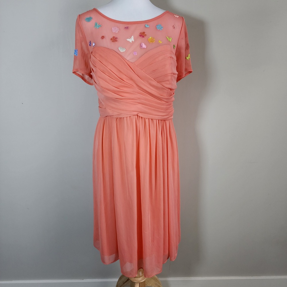 Davids Bridal Butterfly Dress Womens 18 Peach Ruched Fairycore Fairy Grad Formal